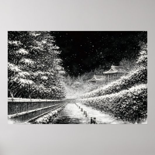 Snowy Temple Path at Night – Japanese Zen Wall Art Poster (Voorkant)