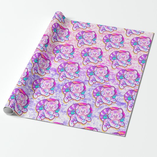 Snowy Tiger Schattige Neon Kidcore Cadeaupapier (Uitgerold)