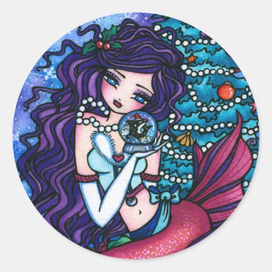 Snowy Treasures Kerstmis Fantasy Mermaid Orca Ronde Sticker (Voorkant)