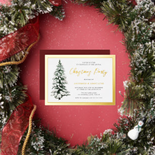 Snowy Tree Gold Border Corporate Christmas Party Folie Uitnodiging