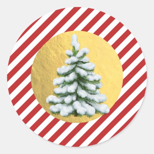 Snowy Tree-kerstrode strepes Gold Foil Ronde Sticker (Voorkant)