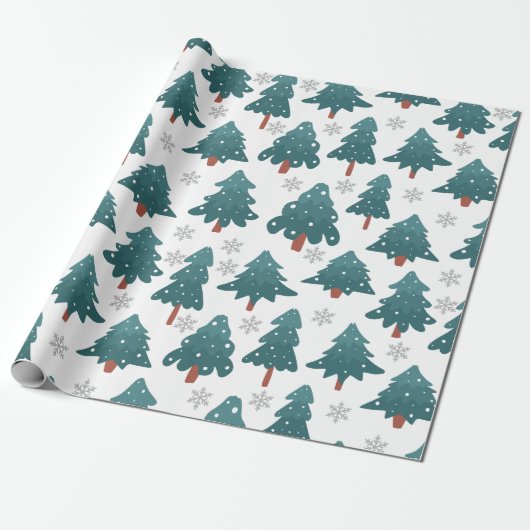 Snowy Trees & Silver Snowflake Wrapping Paper Cadeaupapier (Uitgerold)