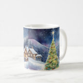 Snowy verlichte kerstboom winterdorp koffiemok (Voorkant rechts)