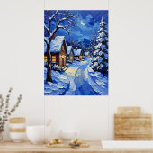 Snowy Village bij nacht Poster (Keuken)