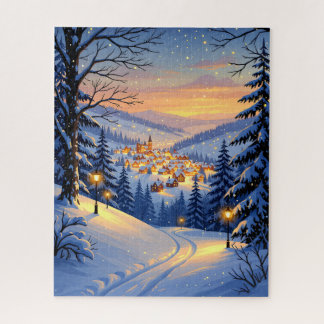 Snowy Village bij zonsondergang met gloeiende stra Legpuzzel