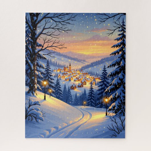 Snowy Village bij zonsondergang met gloeiende stra Legpuzzel (Verticaal)
