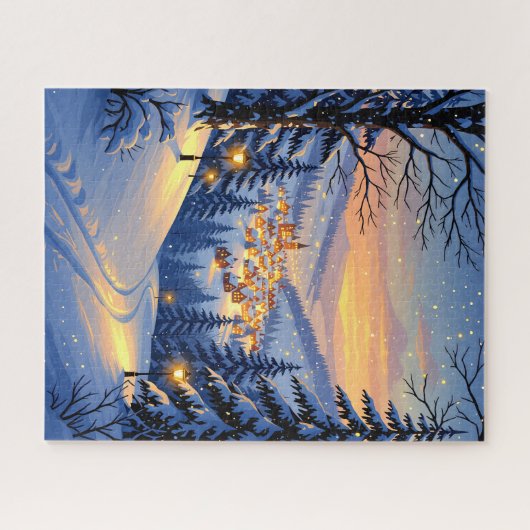Snowy Village bij zonsondergang met gloeiende stra Legpuzzel (Horizontaal)