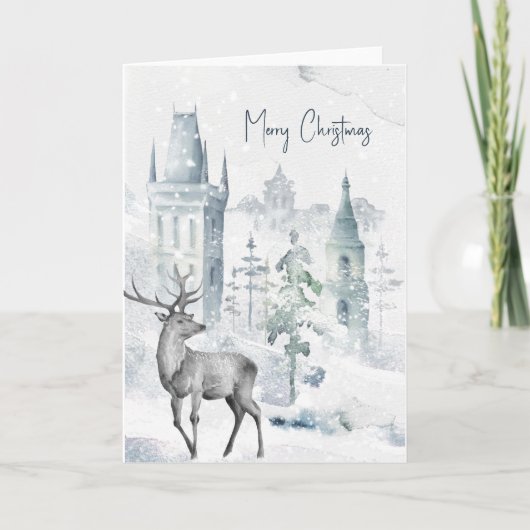 Snowy Village Deer Waterverf Merry Kerstry Feestdagen Kaart (Voorkant)