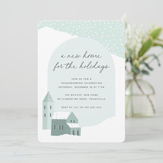 Snowy Village Holiday Housewarming Party Kaart (Staand voorkant)