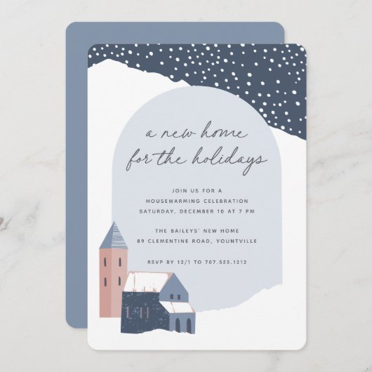 Snowy Village Holiday Housewarming Party Kaart (Voorkant / Achterkant)