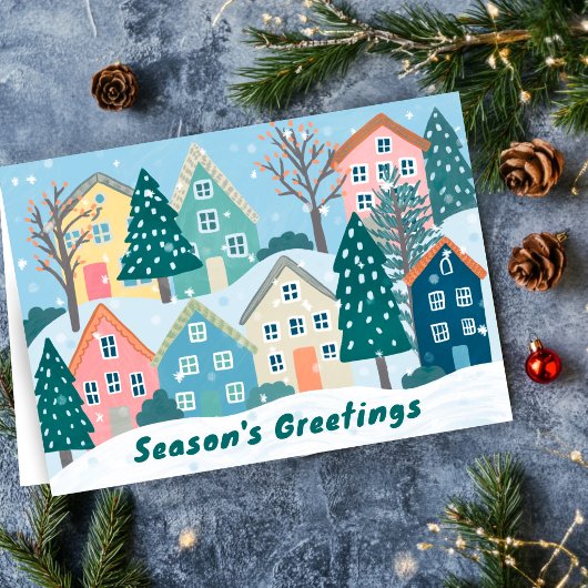 Snowy Village Illustration Cute Season's Greetings Feestdagen Kaart