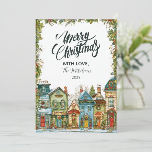 Snowy Village Kerst Feestdagenkaart (Staand voorkant)