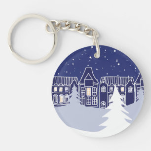 Snowy Village Night Acryl Sleutelhanger