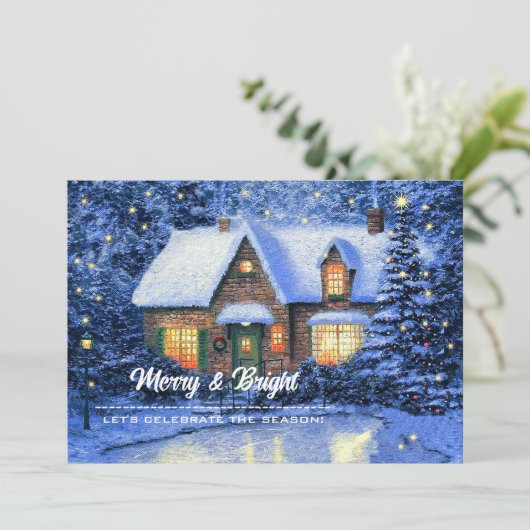 Snowy Village Painting Custom Kerstparty Kaart (Staand voorkant)