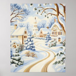 Snowy Village Path met charmante huisjes Poster