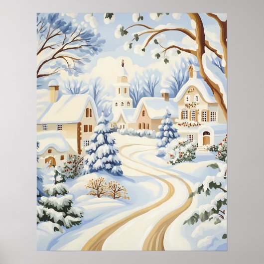 Snowy Village Path met charmante huisjes Poster (Voorkant)