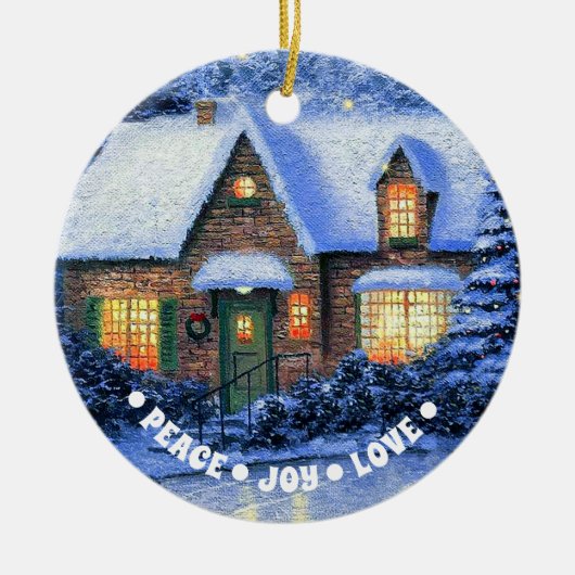 Snowy Village Scene | Aangepast kerstjaar Keramisch Ornament (Voorkant)