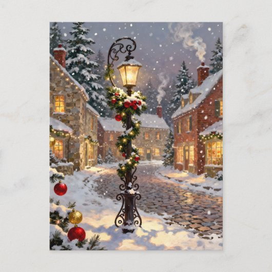Snowy Village Scene with Lamppost  Feestdagenkaart (Voorkant)