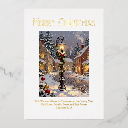 Snowy Village Scene with Lamppost Folie Feestdagenkaart (Voorkant)