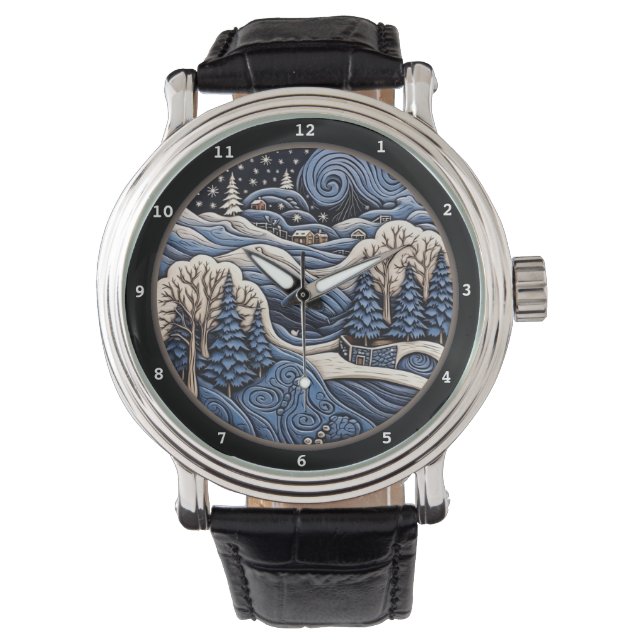 Snowy Village Scene with Winter Trees Horloge (Voorkant)
