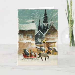 Snowy Village Sleigh Horse Blank Kerstfeest Feestdagen Kaart