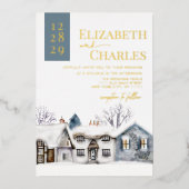 Snowy Village Town Whimsical Bruiloft Folie Uitnodiging (Voorkant)