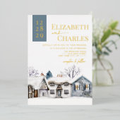 Snowy Village Town Whimsical Bruiloft Folie Uitnodiging (Staand Voorkant)