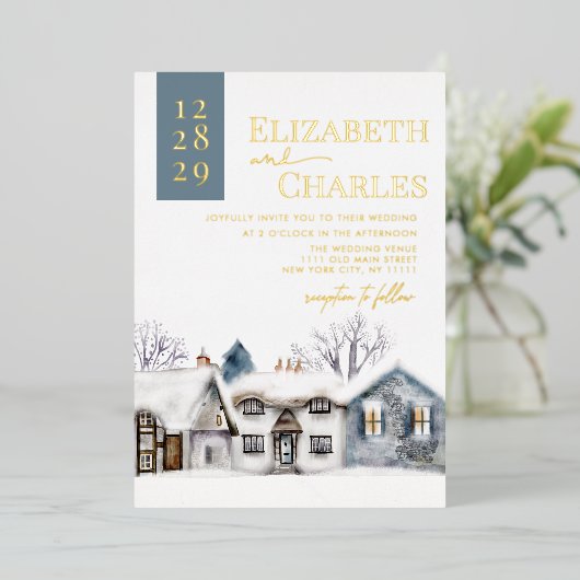 Snowy Village Town Whimsical Bruiloft Folie Uitnodiging (Staand Voorkant)