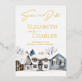 Snowy Village Town Whimsical Bruiloft Save The Dat Folie Uitnodiging