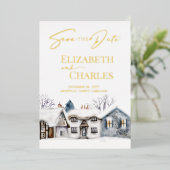 Snowy Village Town Whimsical Bruiloft Save The Dat Folie Uitnodiging (Staand Voorkant)