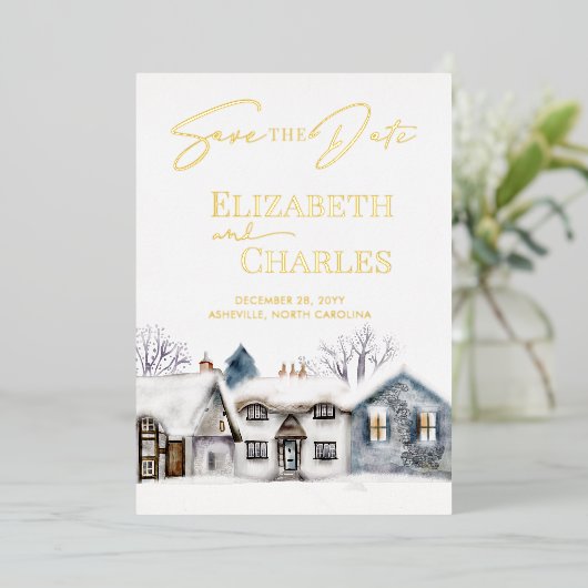 Snowy Village Town Whimsical Bruiloft Save The Dat Folie Uitnodiging (Staand Voorkant)