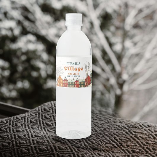 Snowy Village Water Winter Baby Shower Waterfles Etiket