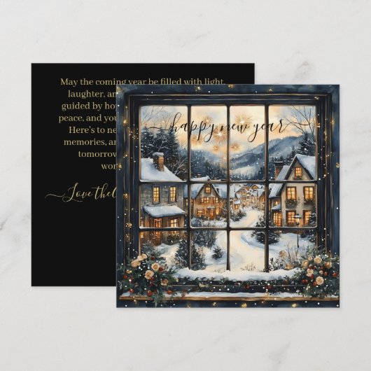 Snowy Village Window Scene with New Year Greeting Feestdagenkaart (Voorkant / Achterkant)