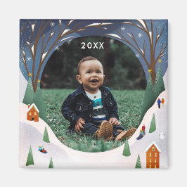 Snowy Village Winter Scene - kerstfoto Magneet