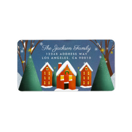 Snowy Village Winter Scène Kerstmis Etiket