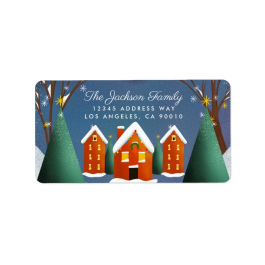 Snowy Village Winter Scène Kerstmis Etiket (Voorkant)