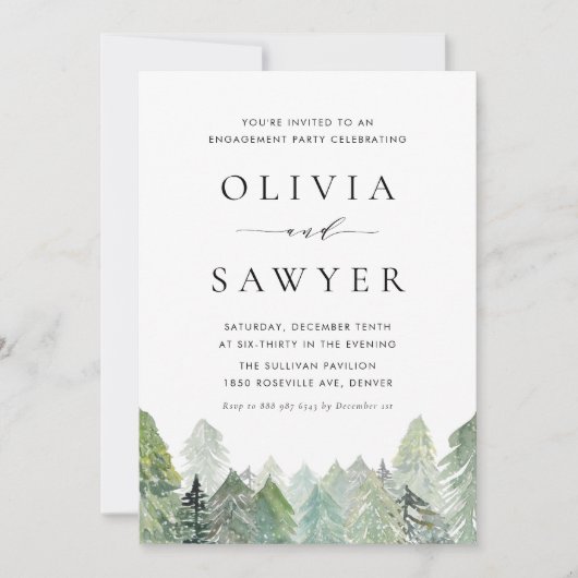 Snowy Waterverf Evergreen Forest Engagement Party Kaart (Voorkant)