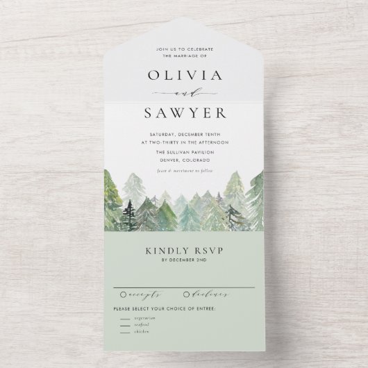 Snowy Waterverf Evergreen Forest Wedding All In One Uitnodiging (Binnen)