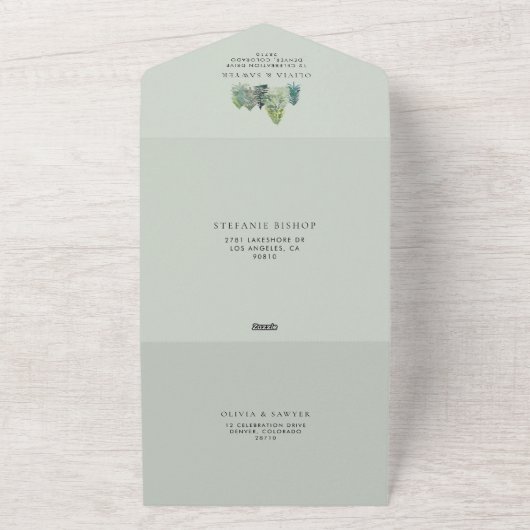 Snowy Waterverf Evergreen Forest Wedding All In One Uitnodiging (Buitenkant)