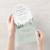 Snowy Waterverf Evergreen Forest Wedding All In One Uitnodiging (Afscheurbaar)