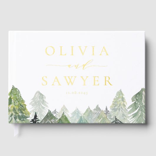 Snowy Waterverf Evergreen Forest Winter Wedding Gastenboek (Voorkant)