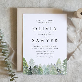 Snowy Waterverf Evergreen Forest Winter Wedding Kaart