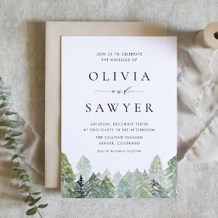 Snowy Waterverf Evergreen Forest Winter Wedding Kaart