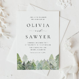 Snowy Waterverf Evergreen Forest Winter Wedding Uitnodiging Briefkaart