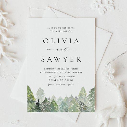 Snowy Waterverf Evergreen Forest Winter Wedding Uitnodiging Briefkaart