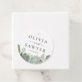 Snowy Waterverf Evergreen Woodland Winterbruiloft Bedankjes Labels (In situ)