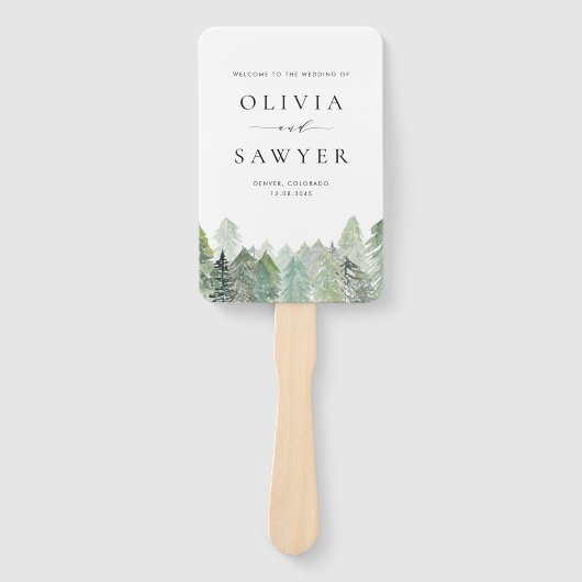 Snowy Waterverf Evergreen Woodland Winterbruiloft Handwaaier (Voorkant)