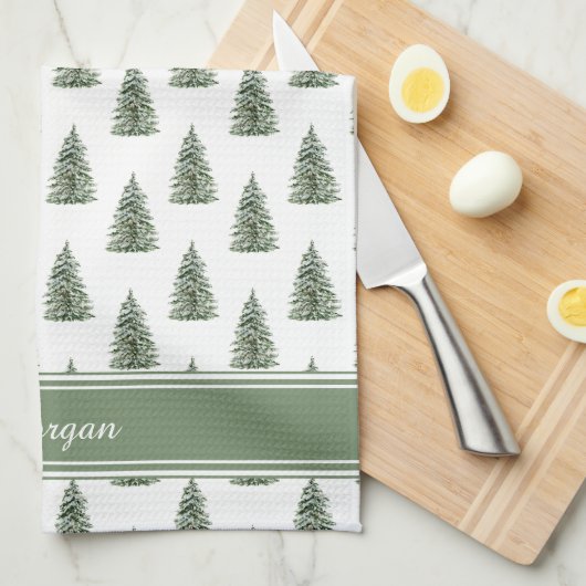 Snowy Waterverf kerstboompatroon Theedoek (Quarter Fold)