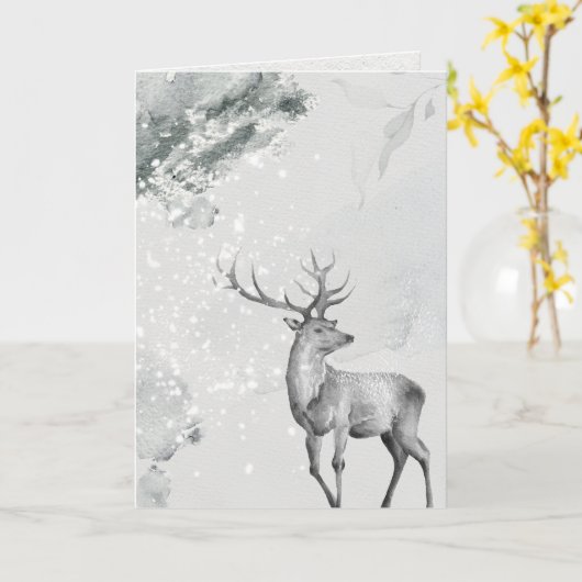 Snowy Waterverf Peaceful Deer Kaart (Gele Bloem)