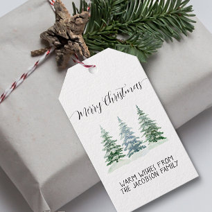 Snowy Waterverf Pine Trees Rustic Merry Kerstmis Cadeaulabel